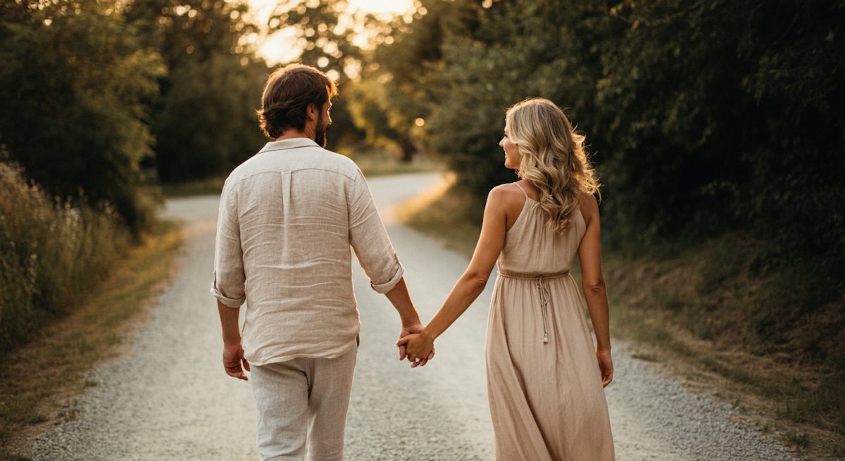 A couple walking a country road at golden hour