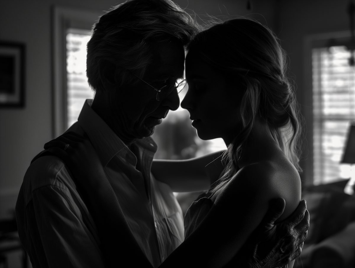 An older couple in close embrace, foreheads touching — black and white, intimate, the quiet weight of a second chapter