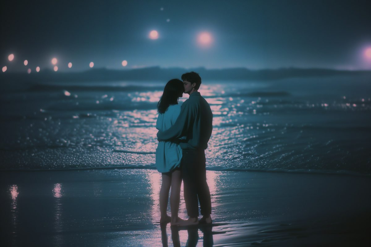 A couple in a tender embrace on a beach at twilight, distant city lights shimmering across the water — the cinematic stillness of a second chapter
