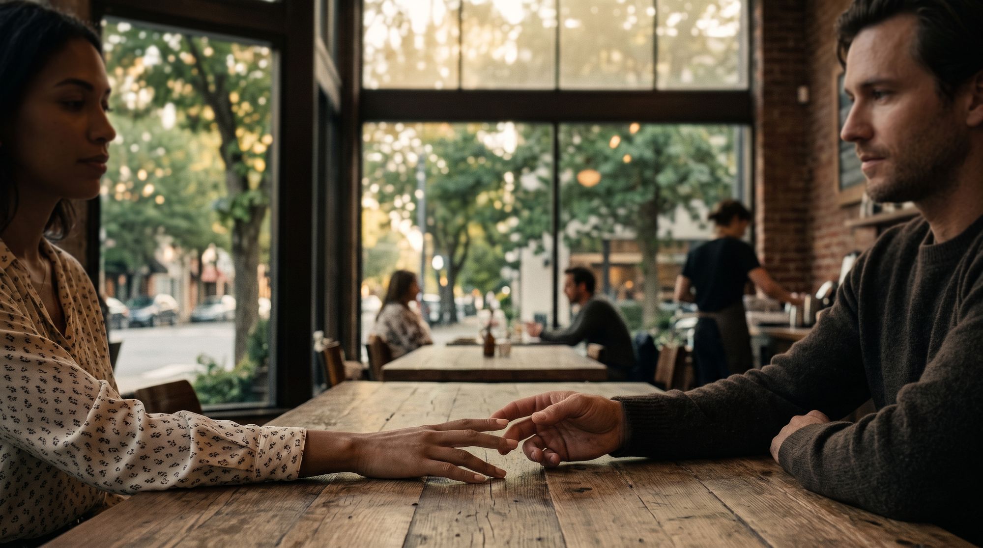 Two people reaching across a table in a neighborhood cafe on a tree-lined street