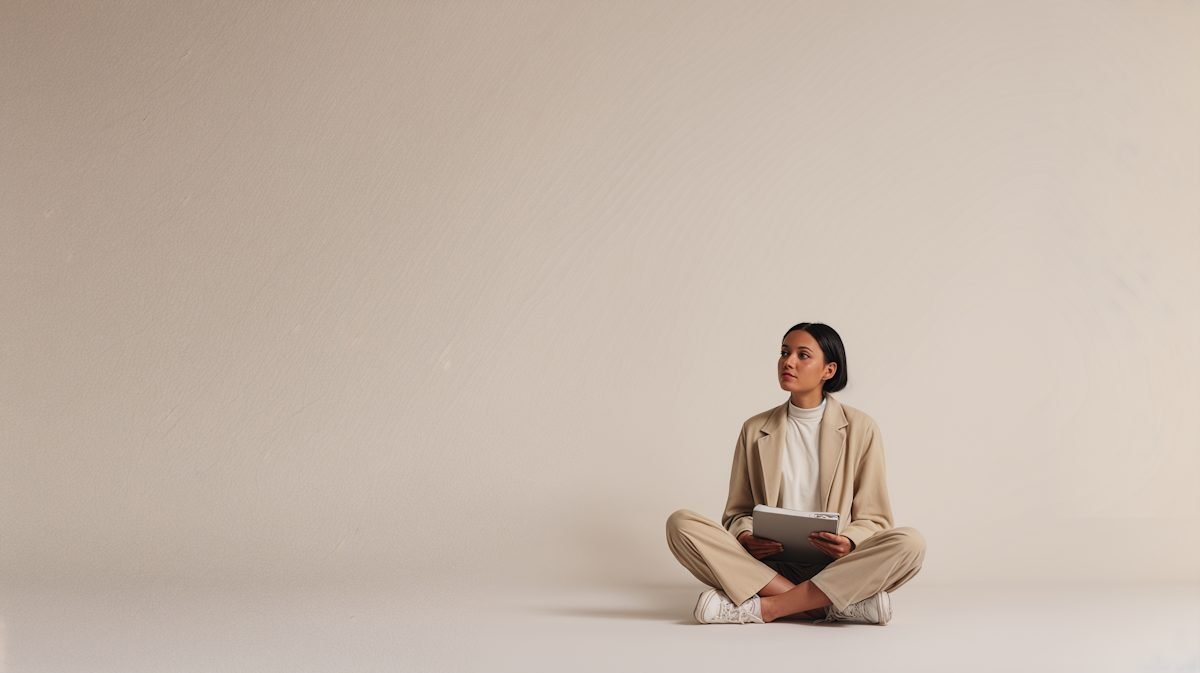 A woman sitting cross-legged on the floor of a quiet beige room, holding a book, looking up — weighing a considered decision