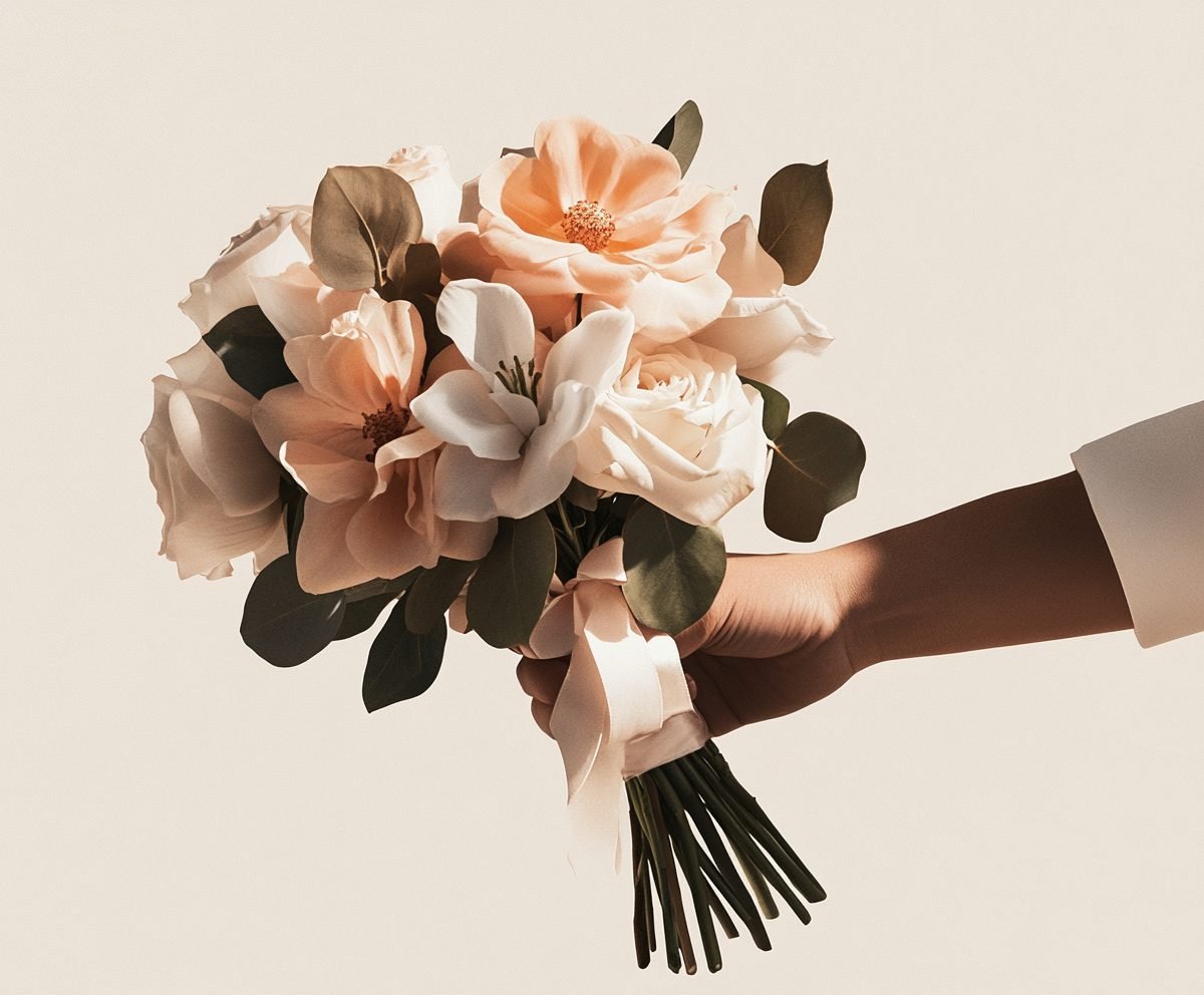 A hand holding an elegant peach-and-cream bouquet against a neutral backdrop — the visual language of curation and care