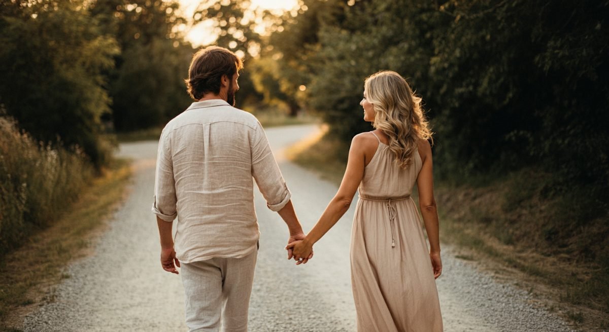 A couple holding hands walking down a tree-lined country lane in golden hour — the unhurried version of the search ending well