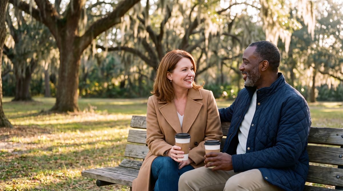 A couple talking on a park bench