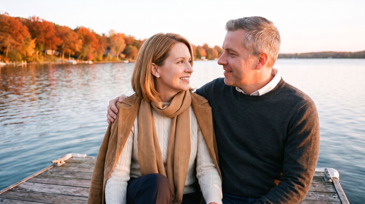 A couple sitting on a lake dock in autumn